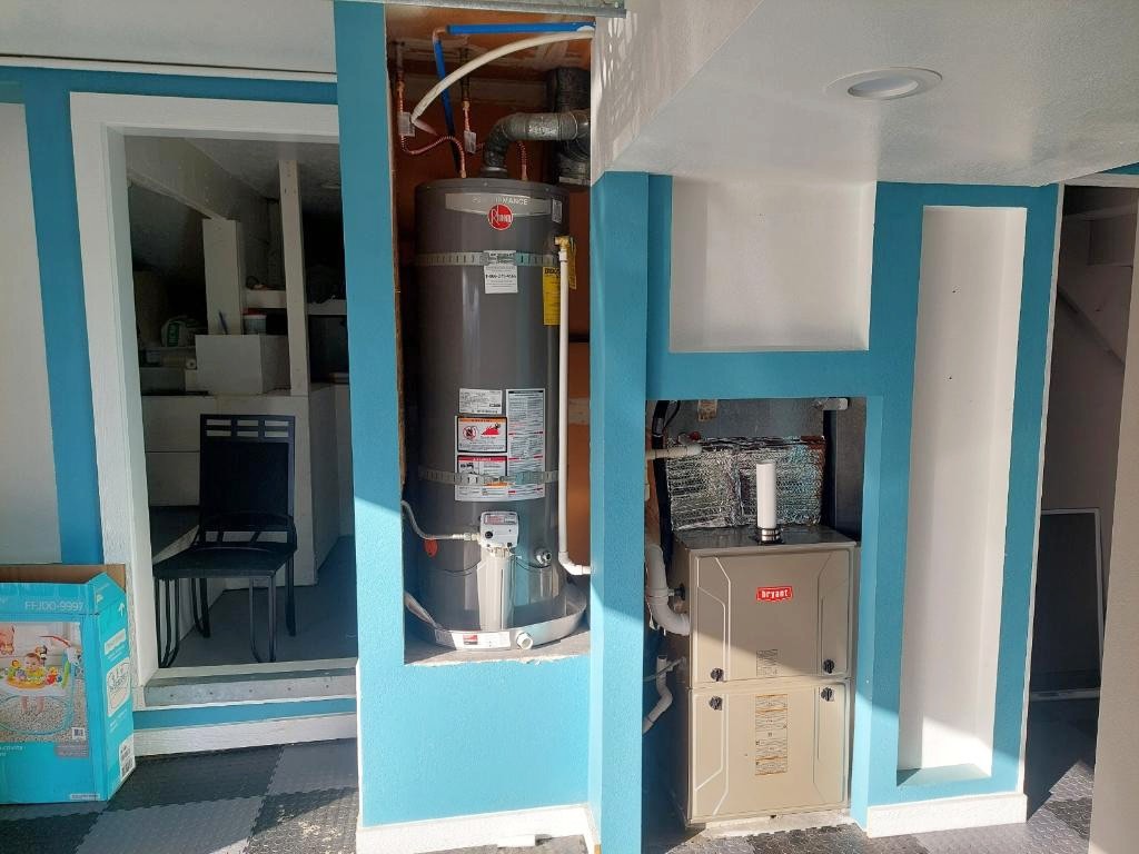 Rheem Performance 50 gallon water heater and Bryant 926TB42060V21 furnace installed by Nur HVAC