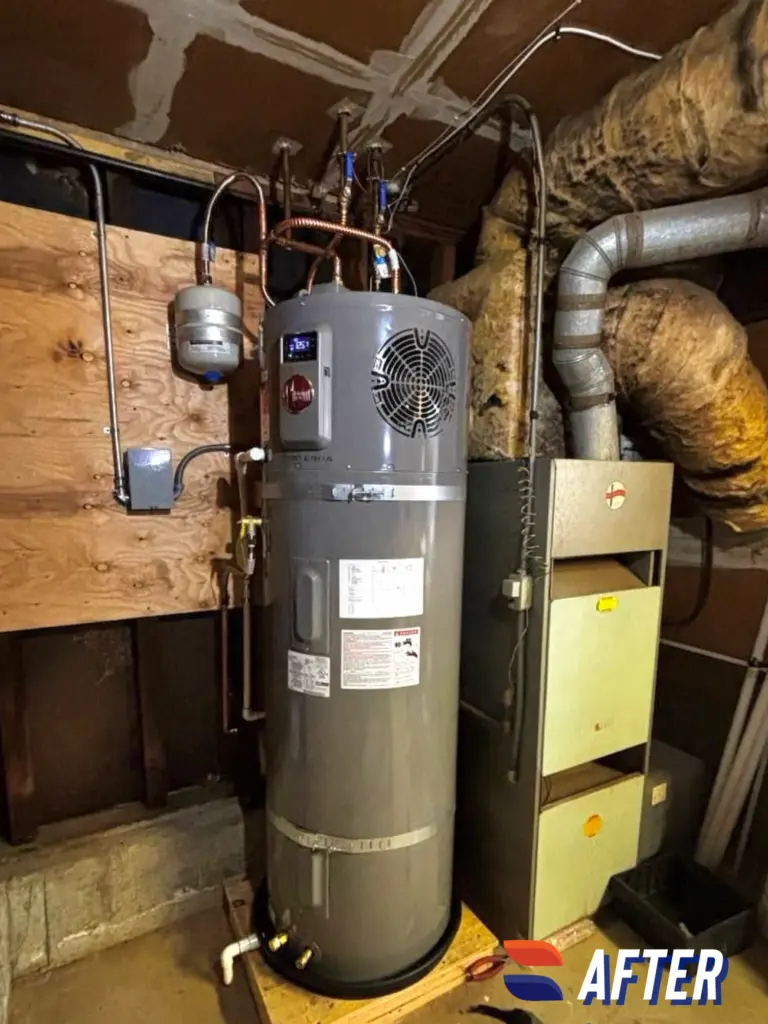 Rheem 80-gallon hybrid electric heat pump water heater installed by Nur HVAC