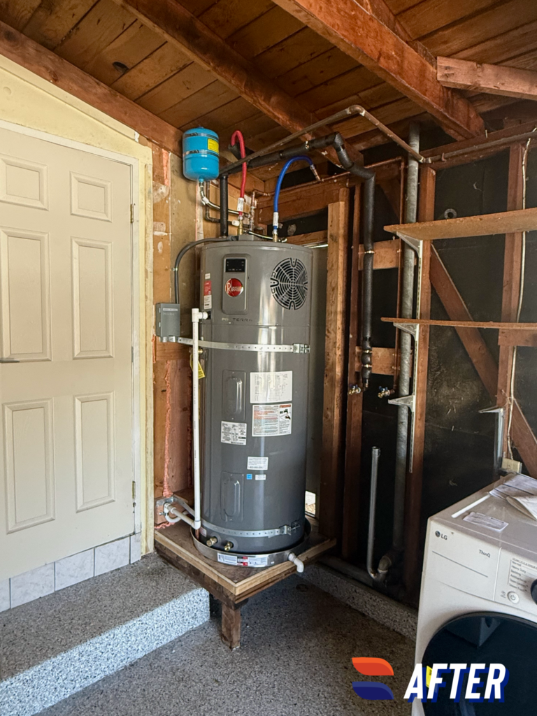 Fresh install of a 65-gallon Rheem Hybrid Electric Heat Pump Water Heater - big capacity, low energy use, zero stress. More efficiency. Less energy waste. Quiet, powerful, and ready to keep up with real life. Modern upgrade. Future-ready comfort.