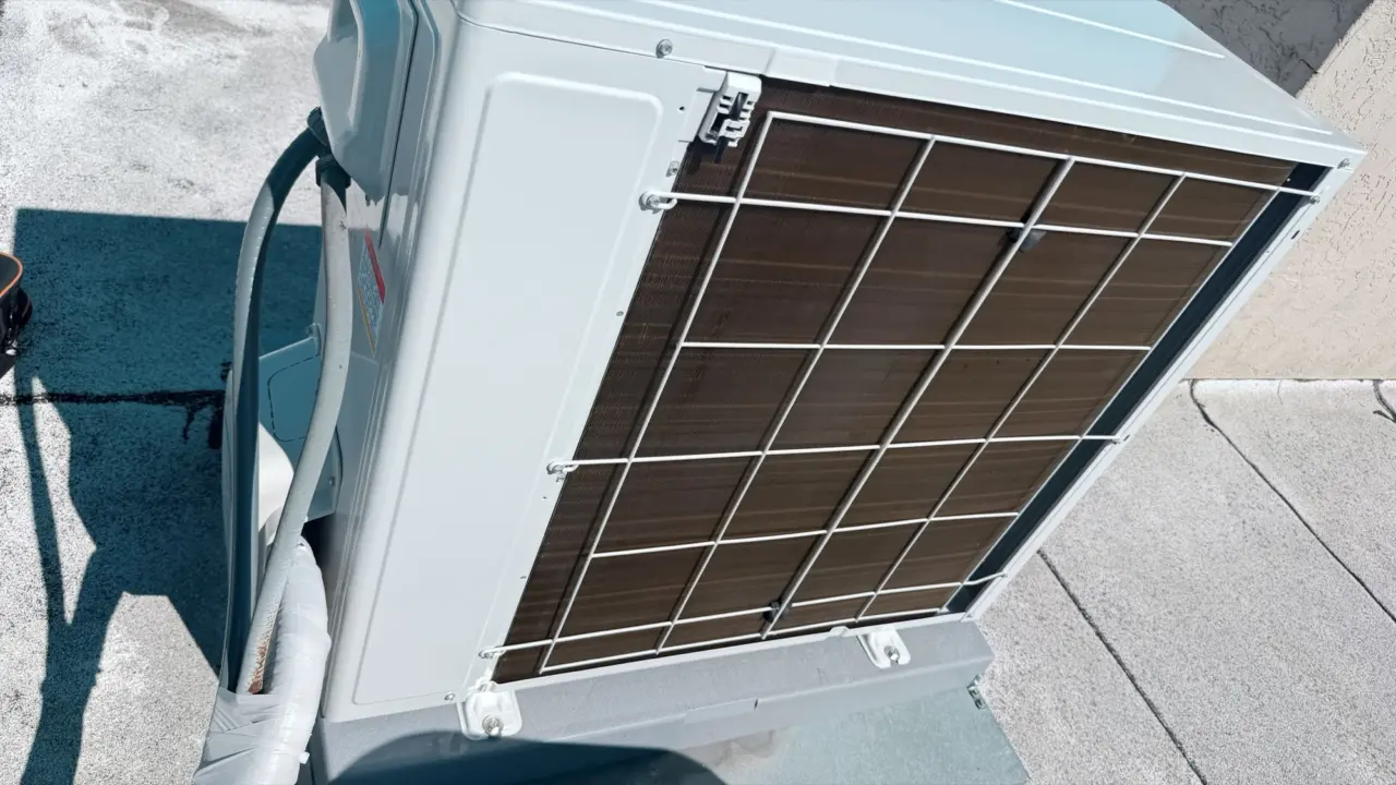 Top view of the coil and fan on a new Hisense heat pump in Burlingame