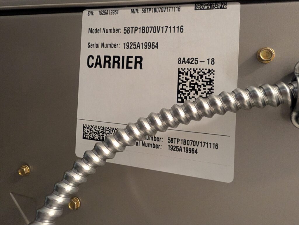Carrier data plate on a newly installed 80% furnace in San Francisco