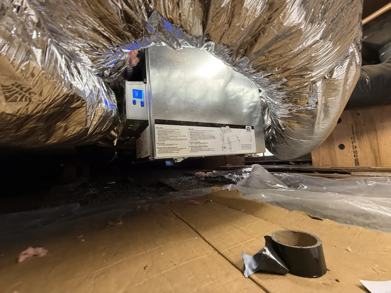 Mitsubishi ducted air handler installed in a San Mateo attic