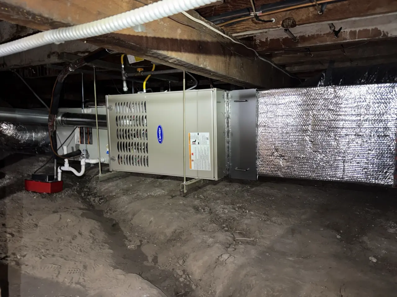 Carrier furnace connected to a new sheet metal plenum and insulated ductwork in Burlingame