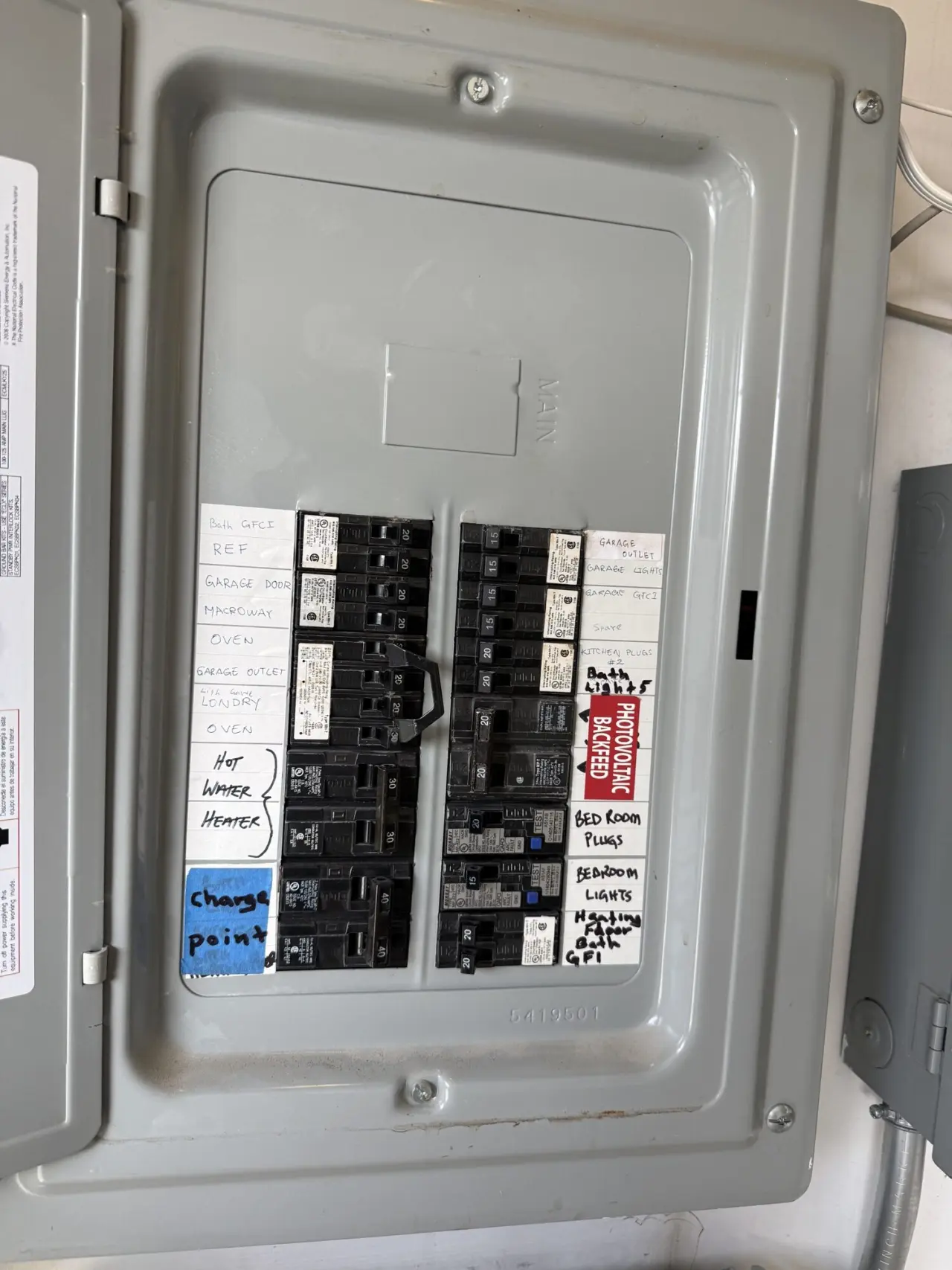 Electrical panel wired for a new Mitsubishi heat pump in a San Francisco home
