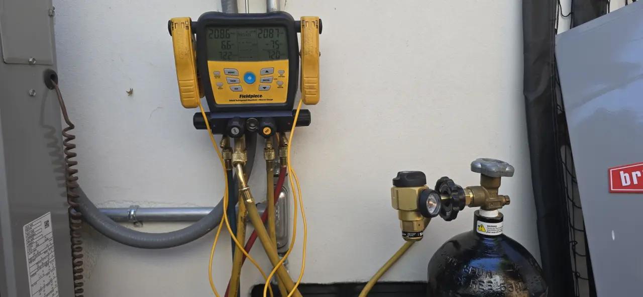 Fieldpiece manifold gauge and nitrogen tank pressure-testing an R-410A HVAC system in Burlingame