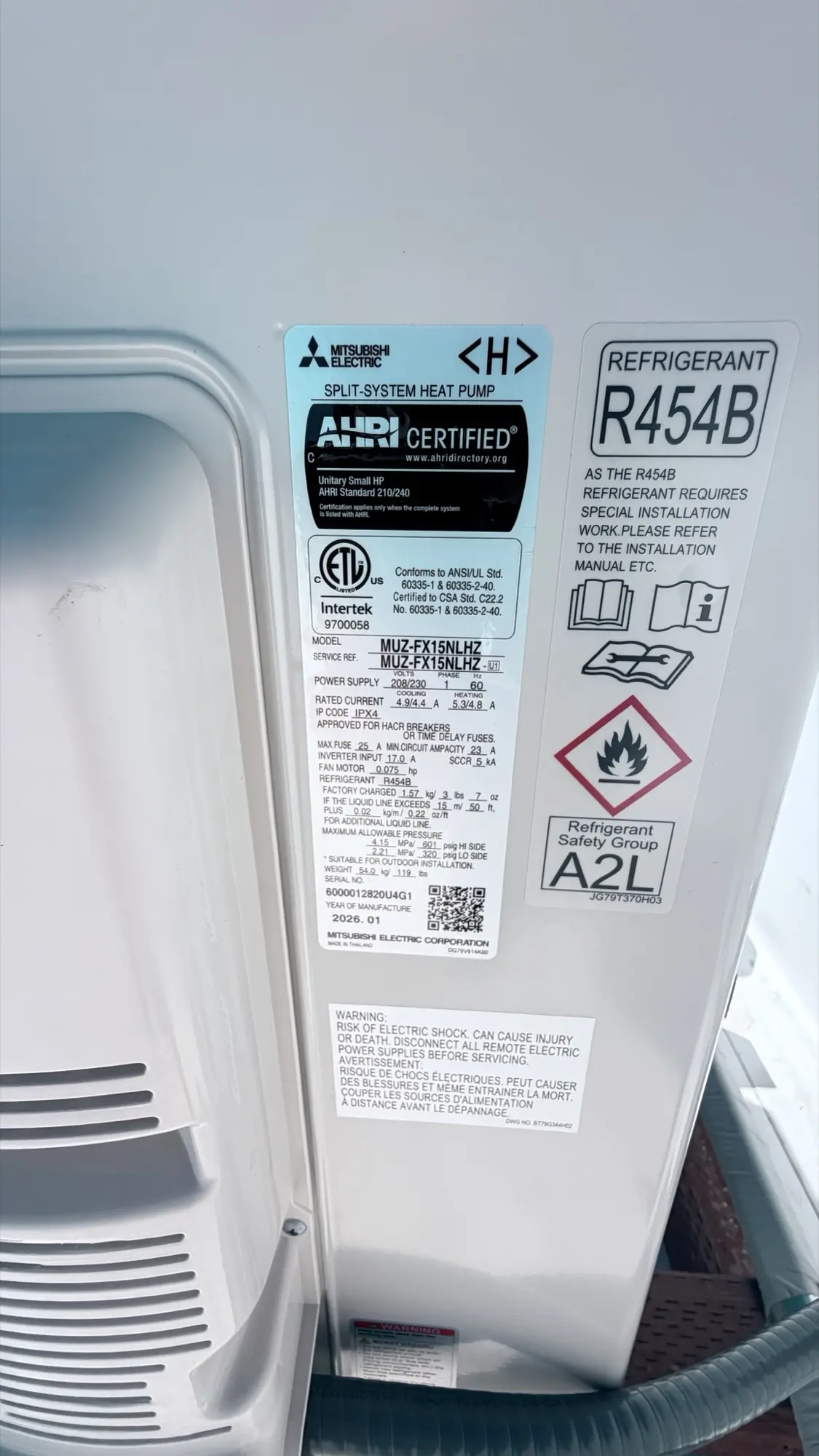 Mitsubishi mini-split condenser data label after installation in Redwood City
