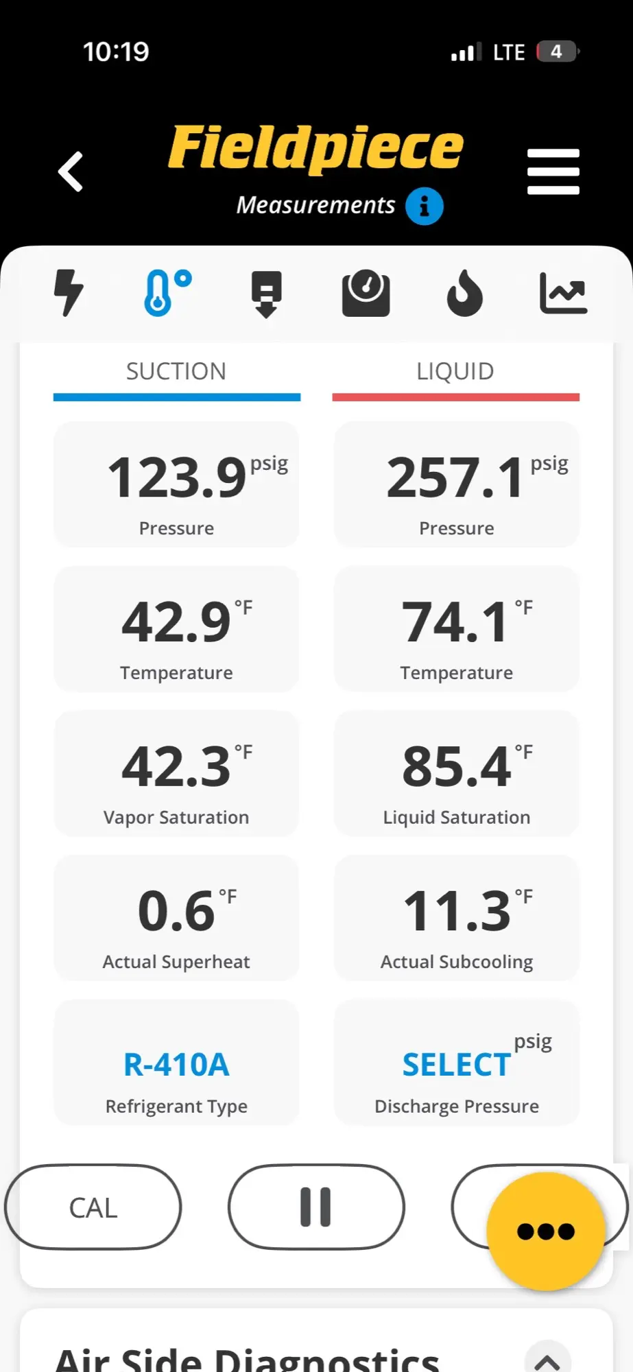 Refrigerant gauge readings confirming the AC system running after a capacitor replacement in San Carlos