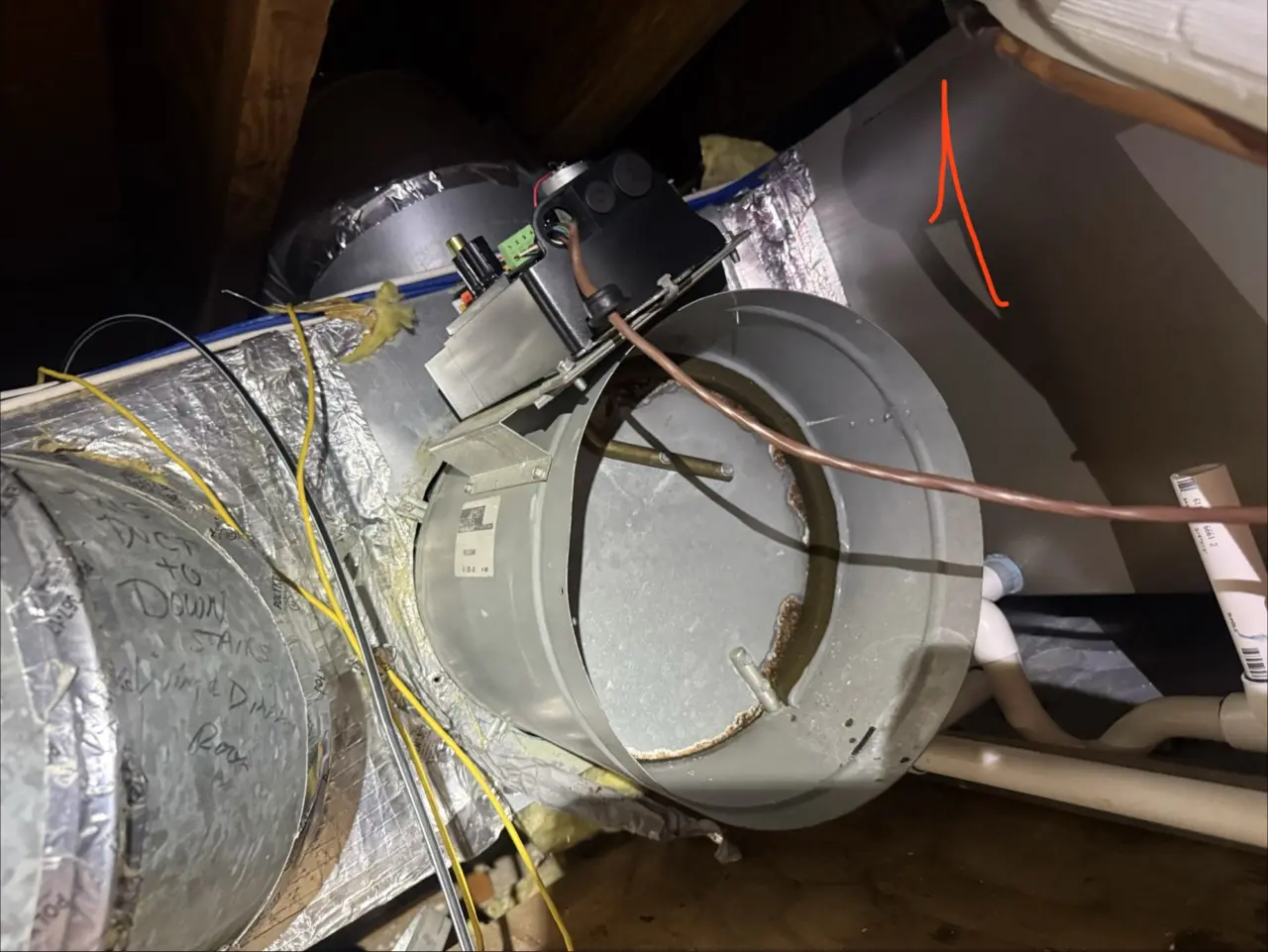 Motorized return air damper installed on ductwork in a Palo Alto home