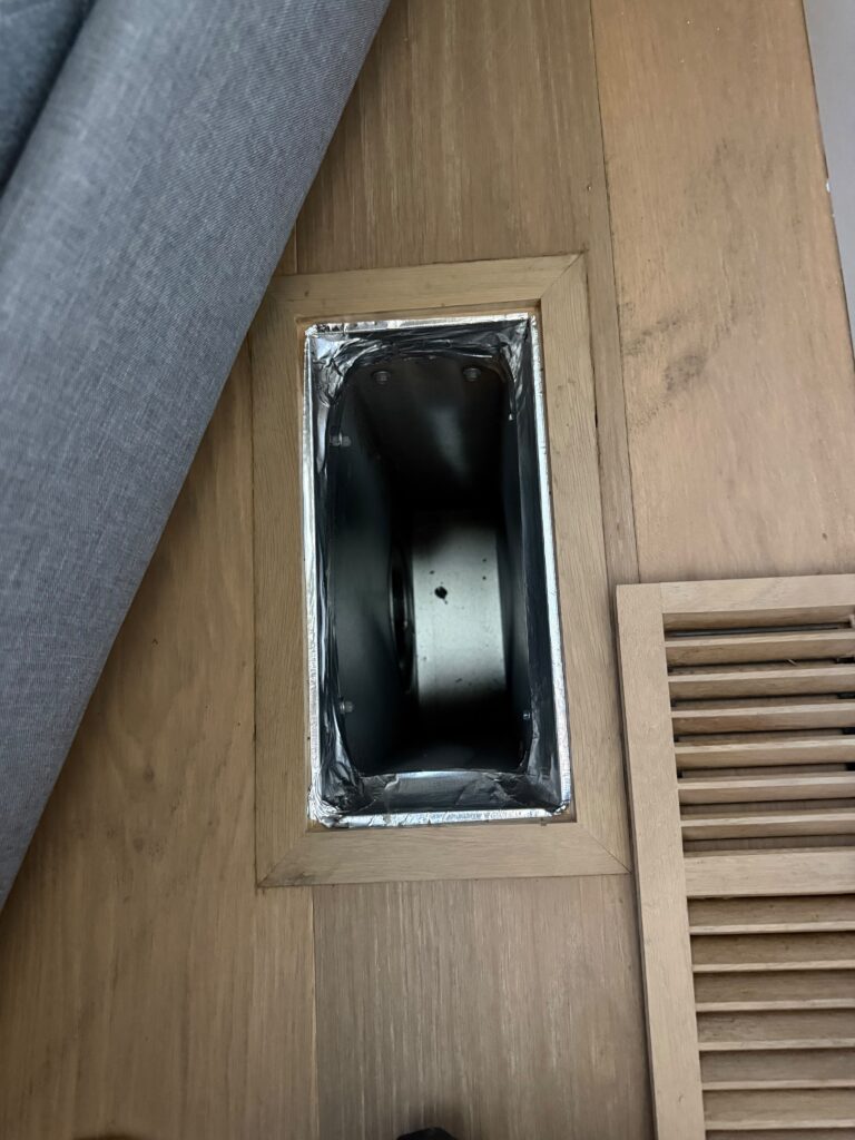 New sealed supply duct boot from heat pump installation in Cupertino home
