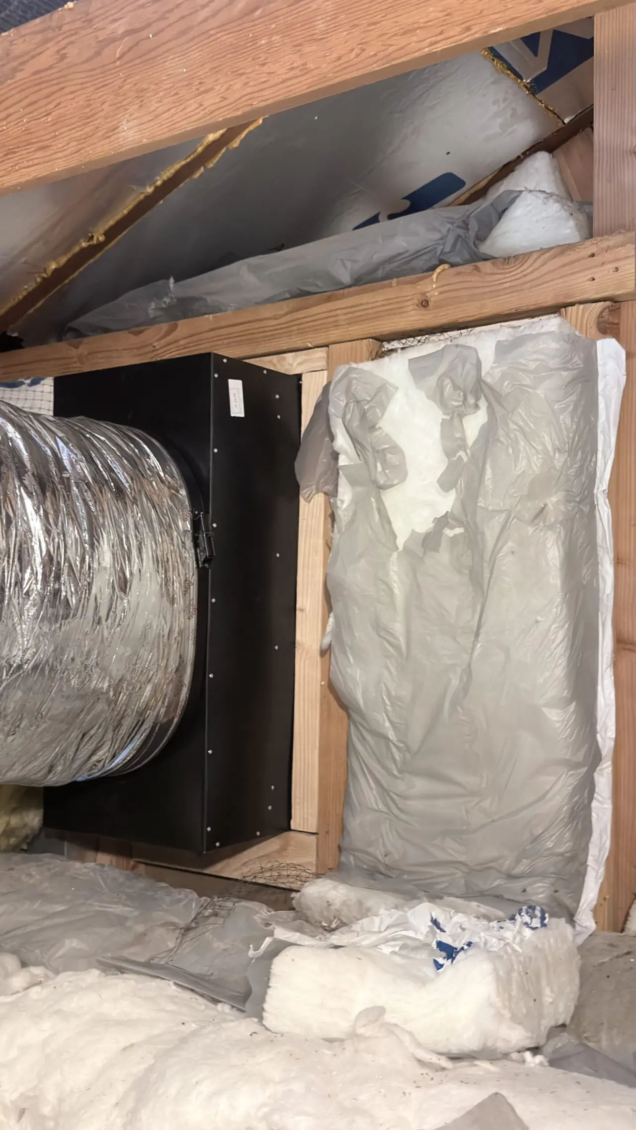 Whole house fan cabinet framed and sealed in attic insulation, Los Altos install
