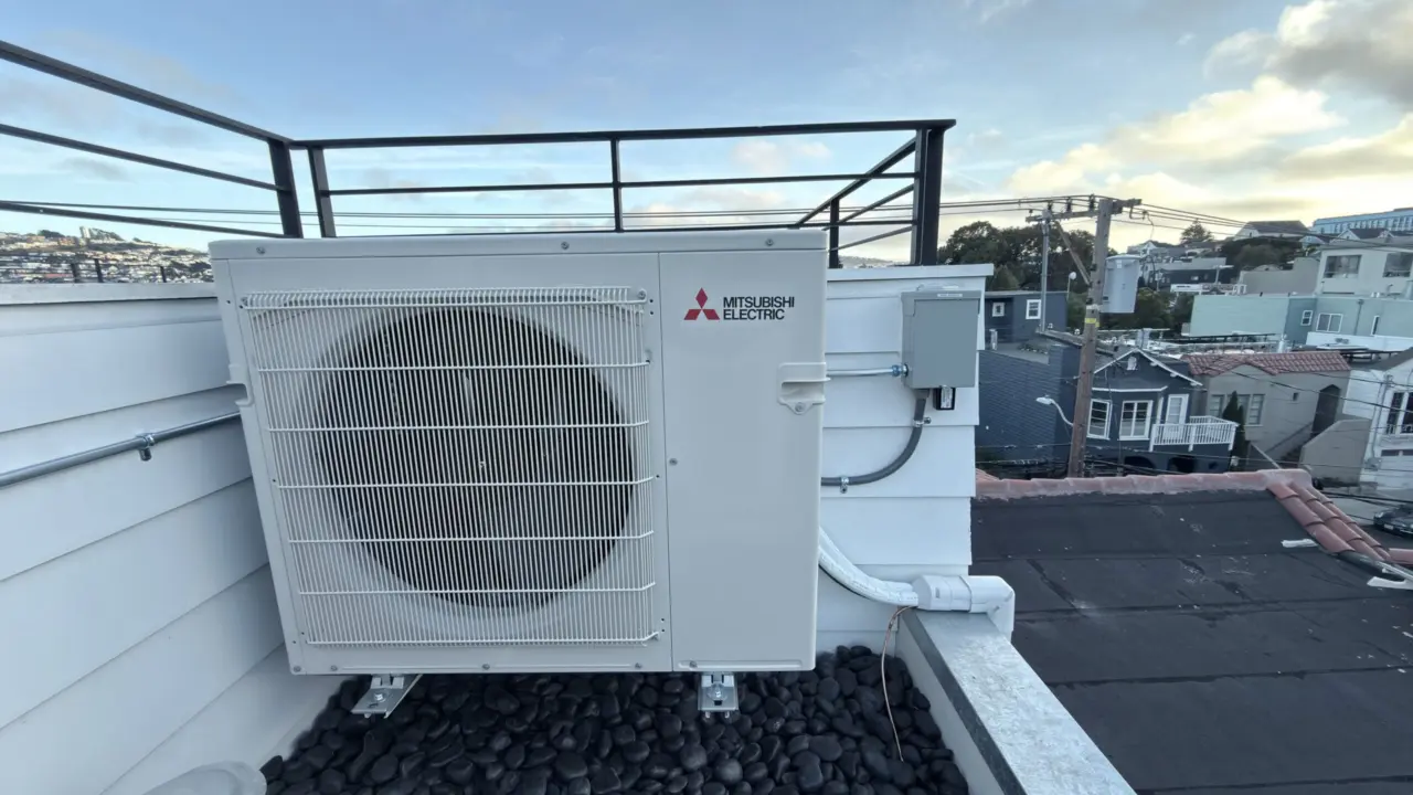 Mitsubishi mini-split condenser installed on a San Francisco rooftop deck