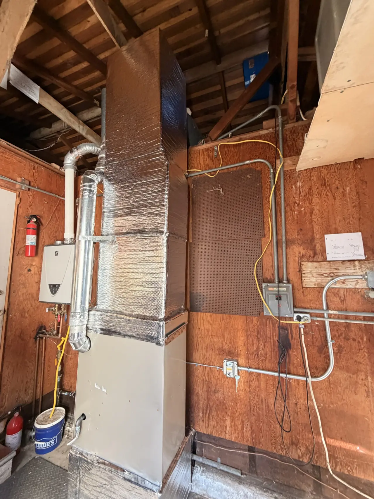 Finished Carrier furnace installation with sealed insulated duct trunk, San Bruno CA
