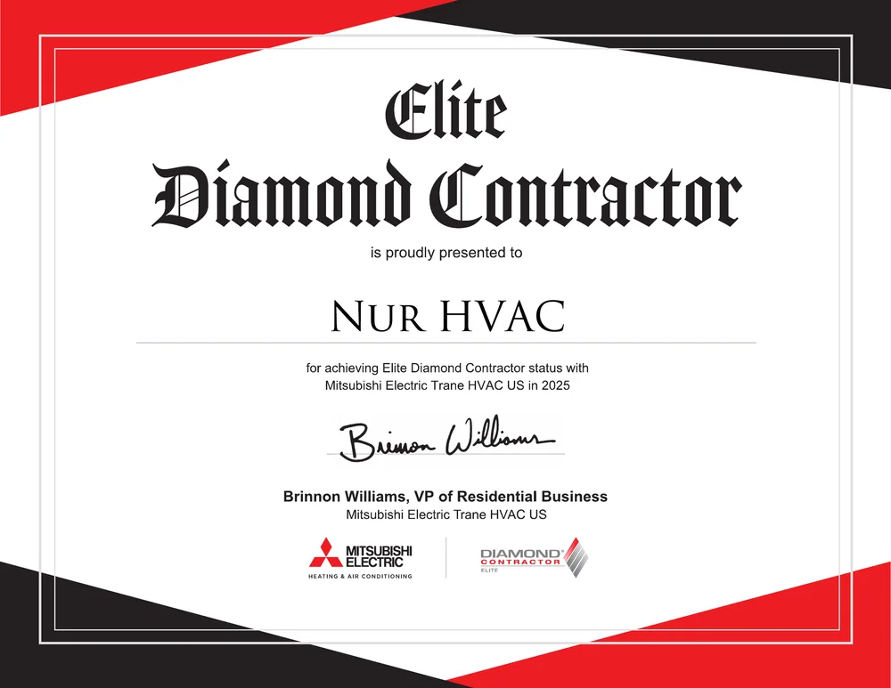 Nur HVAC Mitsubishi Electric Elite Diamond Contractor certificate, 2025
